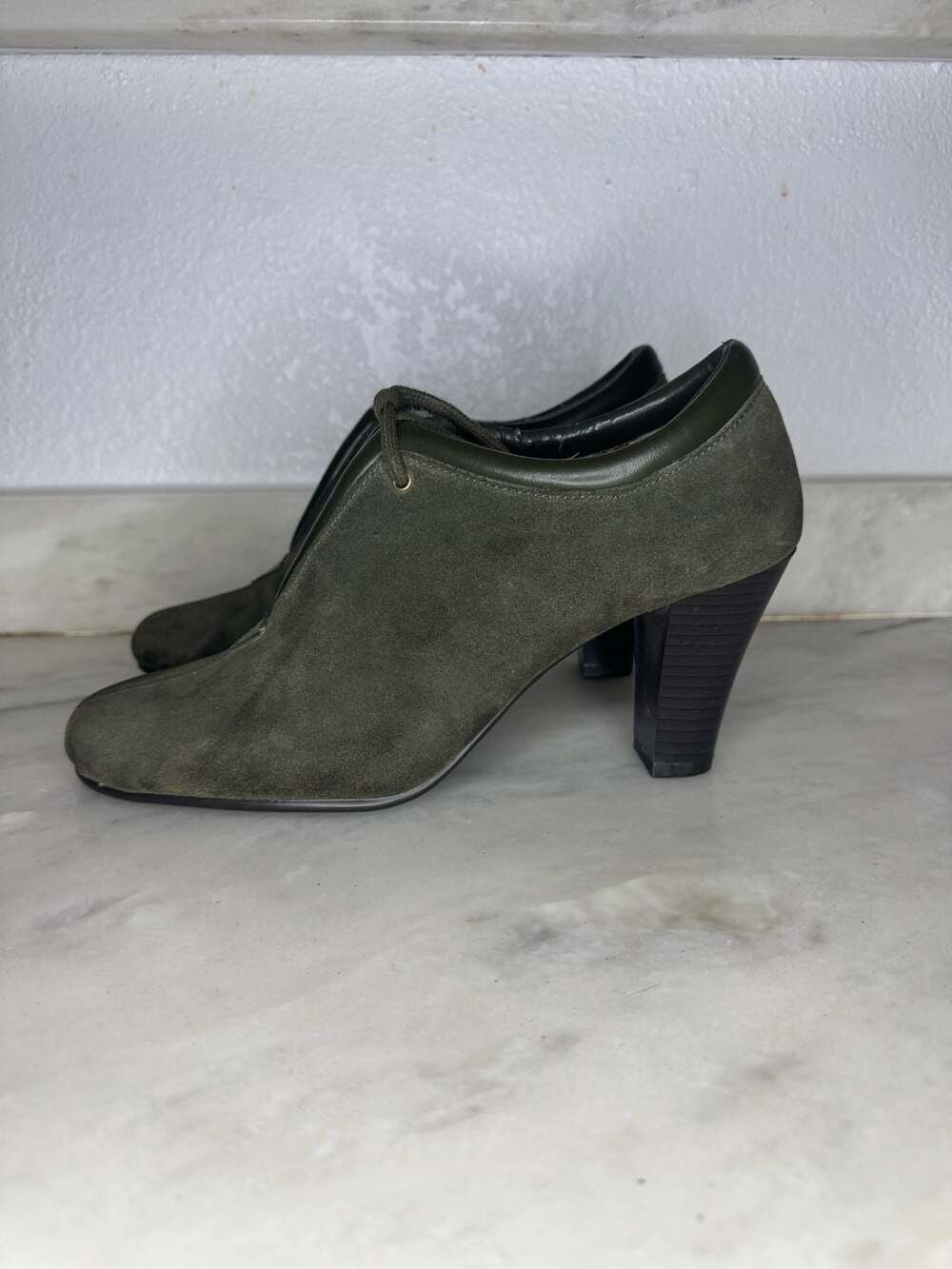 Aerosoles Role Reversal Olive Green Suede Leather Lace Up High Heel Booties